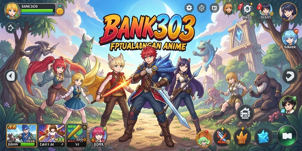 Tangkapan layar utama BANK303 menampilkan karakter anime dalam pertempuran epik.