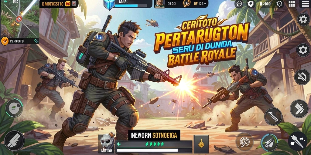 Tangkapan layar utama CERITOTO dengan aksi pertempuran Battle Royale.
