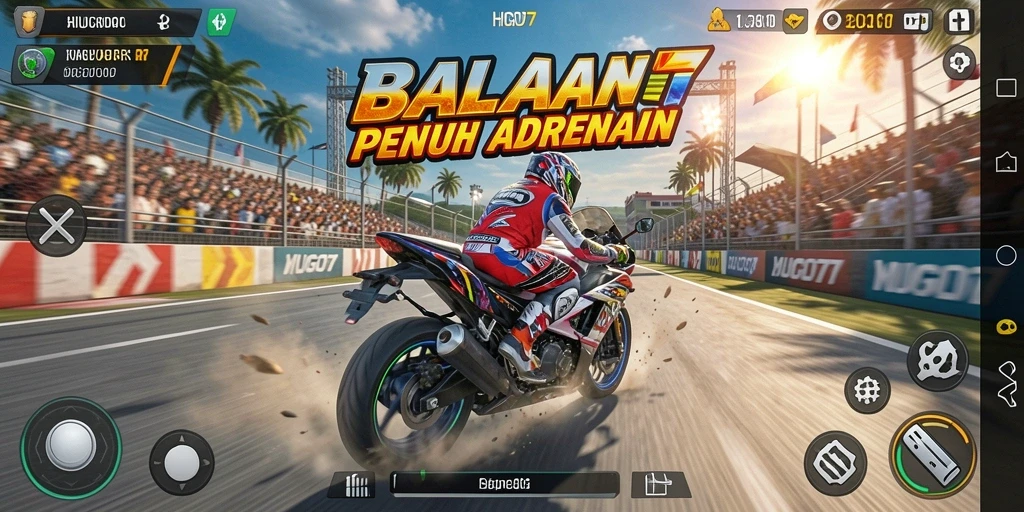 Gameplay seru HUGO77 dengan balapan motor yang menegangkan.