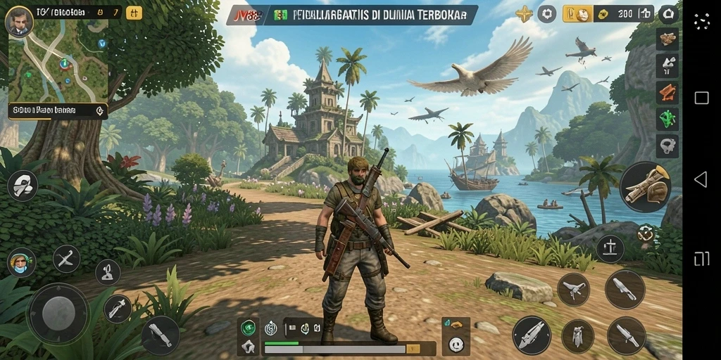 Tampilan gameplay JV88 yang menggambarkan dunia terbuka yang luas dan indah.