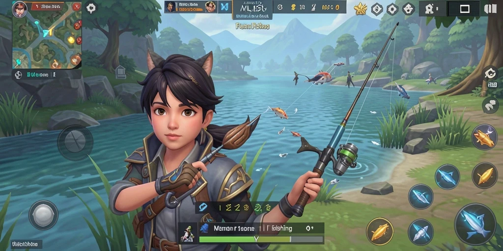 Screenshot gameplay <strong>MLBB8</strong> yang menunjukkan aksi memancing yang seru.