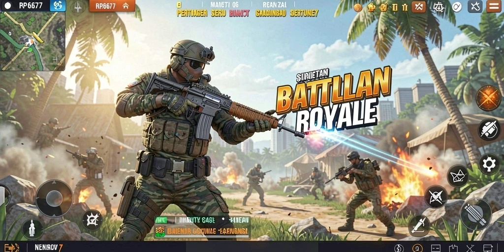 Screenshot utama RP6677 menampilkan aksi seru dalam pertempuran Battle Royale.