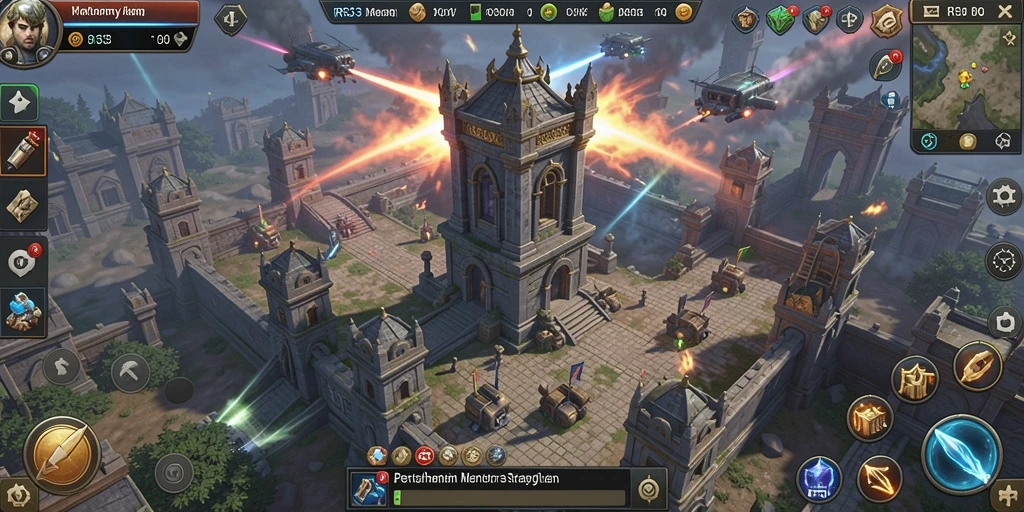 Tampilan gameplay RR33 yang menegangkan saat mempertahankan menara dari serangan musuh.