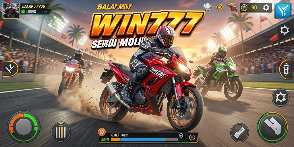 Screenshot menunjukkan aksi balapan motor yang intens.