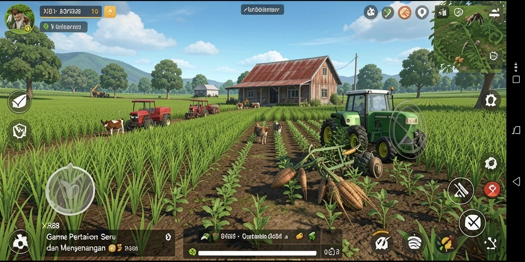 Screenshot gameplay XR88 menampilkan suasana pertanian yang hidup dan interaktif.